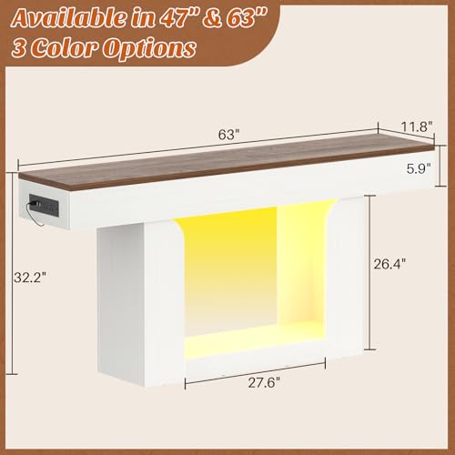 Homieasy Console Table, 63" Entryway Table with LED Lights & Charging Station, Farmhouse Wooden Sofa Table Behind Couch, Narrow Hallway Table for Living Room, Foyer, Entry, Antique White & Brown - color: Antique White & Brown, size: 63"