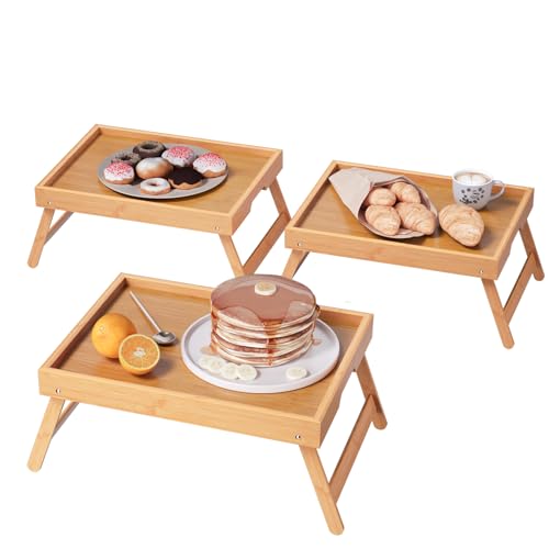 VERTORGAN 3 Pack Bamboo Bed Tray Table with Folding Legs,Breakfast Trays,Serving Tray,Laptop Tray for Working,Food Snack Tray for Bed and Sofa(Natural) - color: Natural