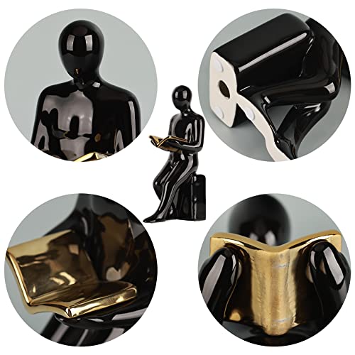 XINGYAN Elegant Ceramic Bookends - Black & White Reading Statues with Gold Accents - Sophisticated Decor for Shelves and Home(Gold Book)