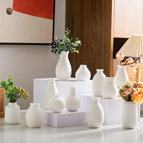 White Bud Vases, Ceramic Small Vase Set of 12, Mini Vases for Fresh and Dried Flowers, Modern Home Decor, Pottery Table Centerpiece - color: 02 White - 12 Pcs