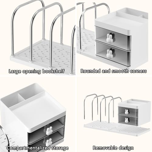 Desk Organizer with Bookends, Desktop Storage Box with 2 Drawers 3 Top Compartments and 4 Bookends, Multi-Functional Desk Accessories Organizer for Home Office School Supplies (White)