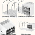 Desk Organizer with Bookends, Desktop Storage Box with 2 Drawers 3 Top Compartments and 4 Bookends, Multi-Functional Desk Accessories Organizer for Home Office School Supplies (White)