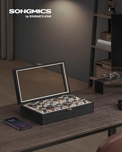 SONGMICS 12-Slot Watch Box, Watch Display Case with Large Glass Lid, Removable Watch Pillows, Velvet Lining, Gift Idea, Ebony Black UJOW120B01 - color: Ebony Black, size: 1 Layer 12 Slot