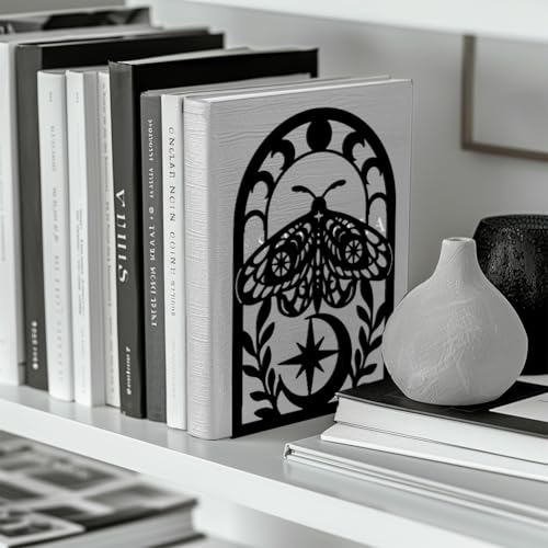 Peacoblue Metal Bookends for Shelves, Modern Decorative Heavy Duty Study Book Support Stoppers for Office, Desk, Shelf, Room 5.3"x4.3"x7.9" Cast Iron Simple Tall Bookends, 1 Pair (Moth) - style: Moth