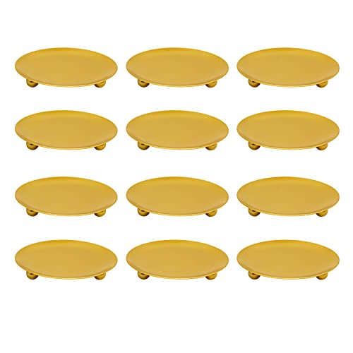 12 Pcs Plate Candle Holder, 4.5'' Candle Tray Decorative Pillar Candle Stand Iron Gold Candlestick Holder for Spa, Wedding, Dinning, Party,Taper Candles