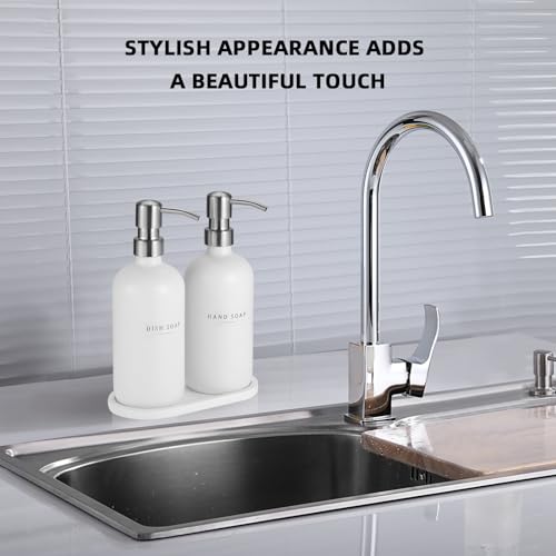 Glass Soap Dispenser - Dish Soap Dispenser for Kitchen and Hand Soap Dispenser Set, Bathroom Soap Dispenser with 304 Rust Proof Pump, Soap Dispenser for Kitchen with Tray, White Bottle/Silver Pump - color: White Bottle/Brushed Silver Pump + Tray + Funnel