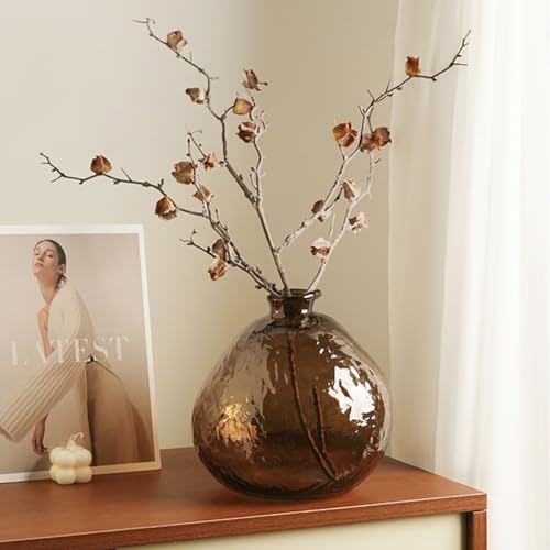 Unique Hammered Brown Glass Vase for Plants Decor Ribbed Embossed Flower Vases for Centerpieces Living Room Entrance Table Decoration,Brown - color: Brown