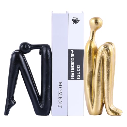 Modern Decorative Bookends,Gold and Black Book Ends for Heavy Books,Thinker Statue Decor,Book Holders for Book Shelves,Unique Office Desk Decorations, Bookshelf Decoration - color: Black and Gold