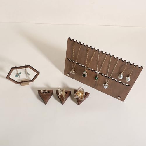 GemeShou 6pcs Wood Jewelry Ring Storage organizers, Retail ring display slot stand, Small walnut Jewelry ring holder tray for Girl Woman Room Decoration【Walnut-Triangle 6pcs】 - style: Triangle