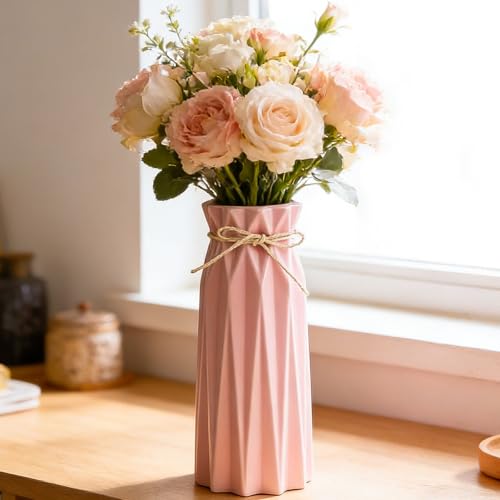 Arawat Ceramic Pink Vase Flower Vase for Home Decor Modern Style 9.5 inch Tall Vase for Table Shelf Home Decor Vase for Fireplace Bedroom Kitchen Living Room Wedding Office Desk Birthday Gifts - color: 9.5 Inch Tall Pink Ceramic Vase for Home Decor
