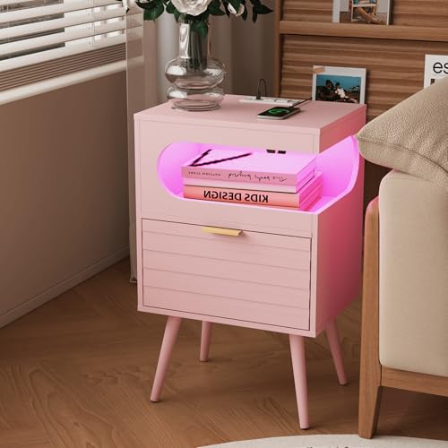 Veegle Nightstand,Modern Bedside Table with Storage Drawer and Open Wood Shelf, Accent Night Stand with Solid Wood Legs for Living Room, Bedroom and Small Spaces,Easy Assembly (Pink) - color: Pink