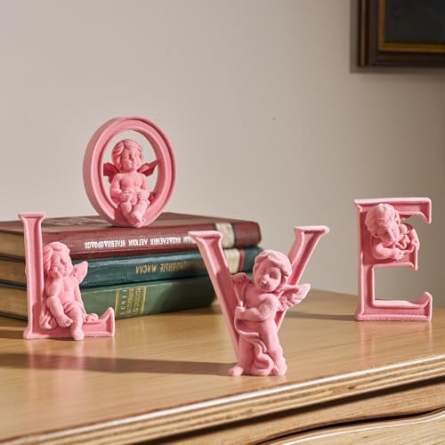 Cupid Statue Velvet Flocked Sculpture Anniversary Wedding Gifts, Cherub Angels Statue Romantic Love Figurine Spring Decor for Home, Living Room, Bookshelf, Coffee Table Decor (Pink) - color: Cupid-pink