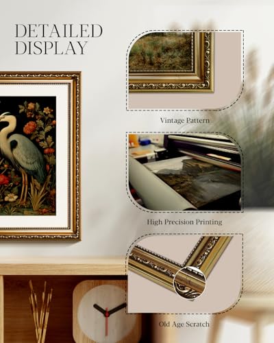 HUARCEY Vintage Botanical Bird Gold Framed Canvas Wall Art 13x16 inch, Classic Heron Floral Canvas Painting Print, Traditional Elegant Home Living Room Bedroom Farmhouse Decor - color: Blue Heron, size: 16"L x 13"W