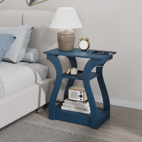 FROMJBEST End Tables Living Room, End Table end Table with Charging Station and USB,Navy Blue Side Table, Nightstand for Bedroom,3 Tier End Table with Storage Shelf for Living Room - color: Navy Blue