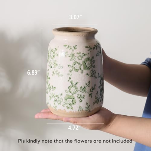 Ronasip Vintage Blue and White Chinoiserie Ceramic Vase, 6.9” Hand-Painted Peony Floral Design, Antique Style Vases for Home Decor, Centerpieces, Living Room, Balcony (Green and White) - color: Green and White