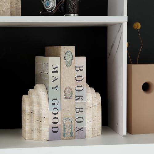 BUICCE Modern Book Ends for Shelves Nature Marble Decorative Bookends Heavy Duty Bookshelf Holder for Office Desk Decoration (Beige)