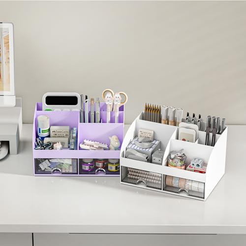 COMFYROOM Desk Organizer with 6 Compartments and 2 Drawers, Plastic Makeup Organizer, Pen Holder for Desktop Storage, Desk Organization for School, Home, Office Supplies (Purple) - color: Purple