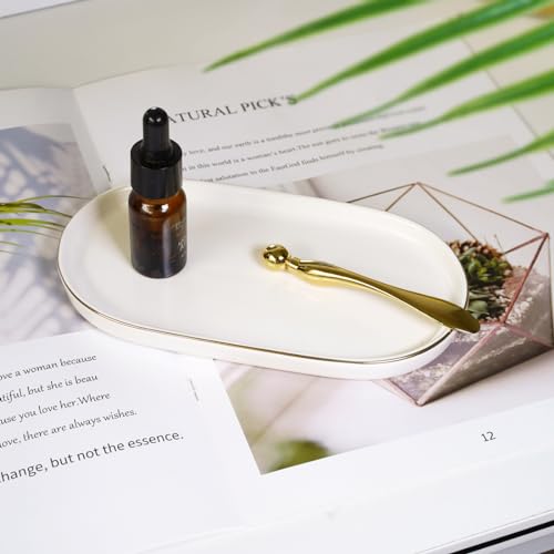 Ceramic Jewelry Dish, Perfume Vanity Tray, 7x4 Decorative Catch All Bowl for Trinket Key Ring, Small Bathroom Counter Tray, Soap Tray for Kitchen Sink (White) - color: White