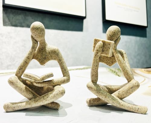 2 Pcs Home Decor Sandstone Reading Thinker Statue Modern Figurines Abstract Aesthetic Sculpture Thinker Statuettes of Resin for Home Decoration Living Room Office Bookshelf Shelf Table