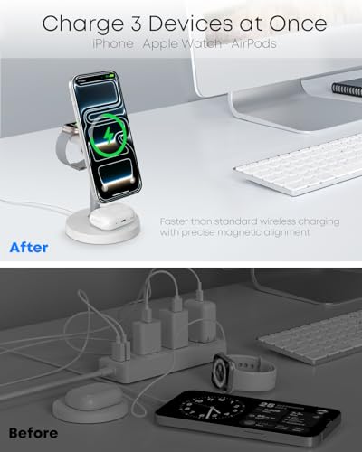 3 in 1 Magnetic Wireless Charging Station, 15W Fast Charger Stand for iPhone, Phone Charger Stand for Desk Nightstand, Compatible with iPhone 17/16/15/14, Apple Watch & AirPods, Adapter Not Included - color: White
