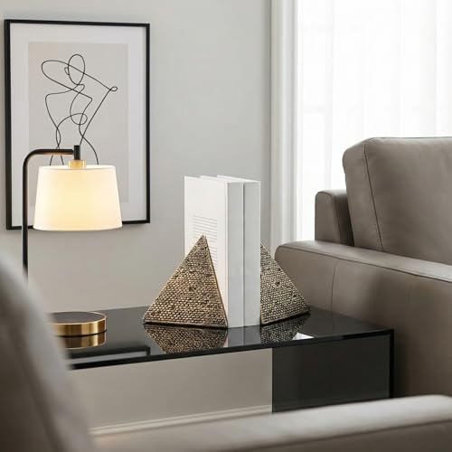Egyptian Pyramid Book Ends for Shelves Decor, Unique Resin Stone Bookends, Heavy Duty Book Stoppers for Home Office Bookshelf Accessories, Vintage Pyramid Sculpture Decoration, Antique Gold