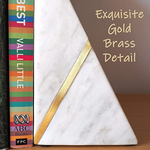 Marble Bookends Handcrafted Heavy Marble Triangular Bookshelf Decor Brass Inlay Set of 2 Decorative Bookends Book Stoppers with Non-Skid Bottom Solid Home Kitchen Office Shelves Triangle