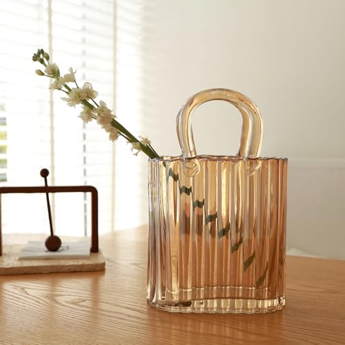 10.8" Modern vase, Transparent Blue Glass Striped Handbag vase, Home Decoration. Elegant Handbag, Suitable for Bedroom, Living Room and Home Decoration- Amber - color: Vertical Patterned Vase - Amber