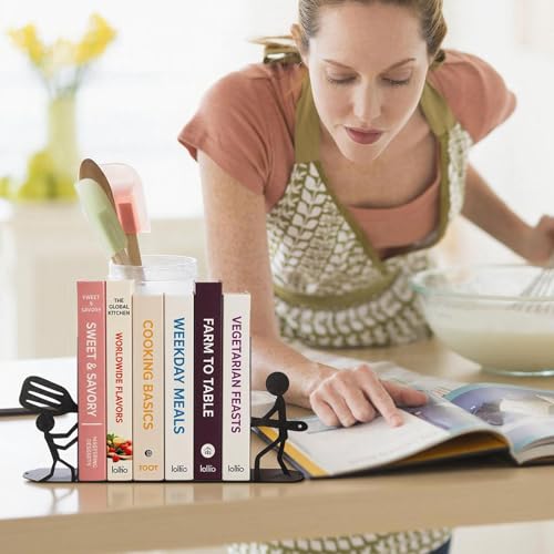 ENCIMART Bookends Decorative Metal Book Ends for Shelves, Kitchen Bookends for Heavy Books, Unique Cute Cookbook Organizer Book Holder for Kitchen Housewarming Cooking Book Lover Gifts - color: Black Cook