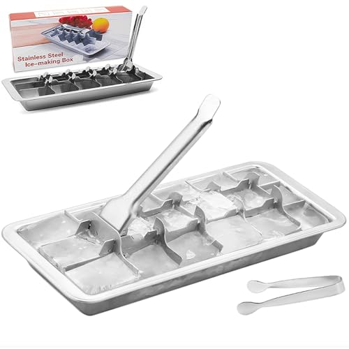 Stainless Steel Ice Cube Trays with Tweezers, Easy-Release Lever Handle, Durable Metal Ice Cube Trays for Freezer, Ideal for Whiskey, Cocktails & Drinks (1 Pack) - color: 18-Cube Ice Tray - Pack of 1