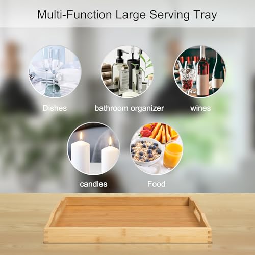 Bamboo Food Serving Tray with Handles, Breakfast Bed Tray for Tea,Snack,Dinner, Home Decorative Storage Food, Platter, Ottoman for Kitchen Counter, Bathroom, Restaurant (Beige) - color: Beige