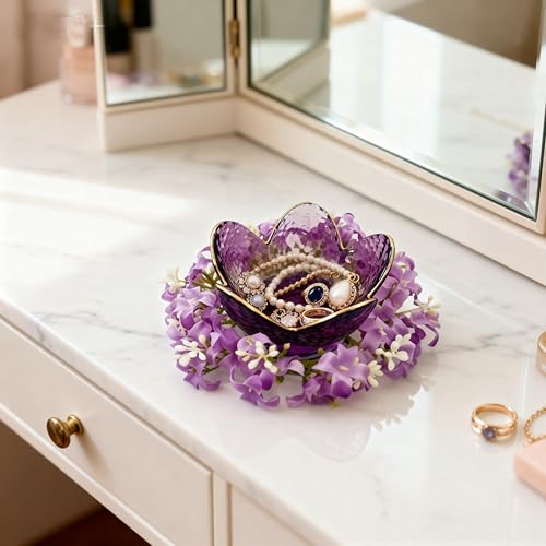 Mini Flower Ring Plate Jewelry Storage Tray Ring Holder for Dressing Table, Room Bathroom Decoration, Valentine's Day Christmas Birthday Gift for Women (purple Jewelry Tray and Flower Base) - color: purple Jewelry Tray and Flower Base