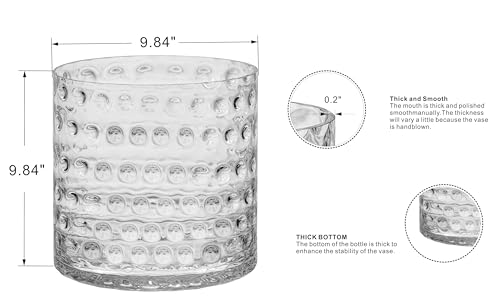 10" Wide 10" High Decorative Glass Cylinder Vase with Dimpled Circle Pattern, 8 Inch Tall, Clear (1, 10"x10") - size: 10"x10"