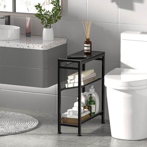 Narrow Side Table for Small Space, 3-Tier End Table with Magazine Holder, Slim Nightstand with Wire Shelf, Skinny Bedside Table in Living Room, Bedroom, Study, Kitchen and Balcony (Black) - color: Upgrade-black