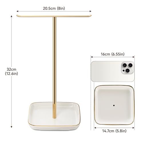 Jewelry Holder Stand with Ceramic Base: 12" Tall Necklace Organizer Rack, Tree Design Display Storage for Necklaces, Bracelets, Rings, Earrings, Aesthetic Room Décor for Girls and Women, Gold - color: White, size: 5.8" base