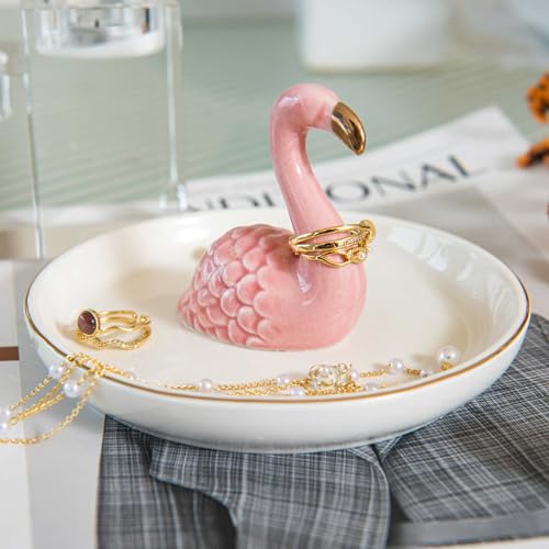 Flamingo Ring Holder Dish, Ceramic Jewelry Tray Trinket Dish for Necklace Keychain Organizer, Cute Funny Birthday Wedding Mothers Day Gift for Women Friends Girls - style: Flamingo