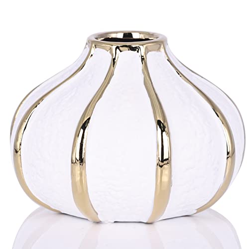 White Gold Home Decor Vase, Round White Bud Ceramic Vase for Flowers, Luxury Home Decoration, Dining Table Centerpiece (E-White)