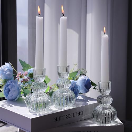 Woho Clear Taper Candle Holders 4.3" H Set of 3 for Wedding Table, Ribbed Glass Candlestick Holders for Daily Home Decor, Vintage Candle Sticks Holder Decor for Thanksgiving Christmas - color: Clear
