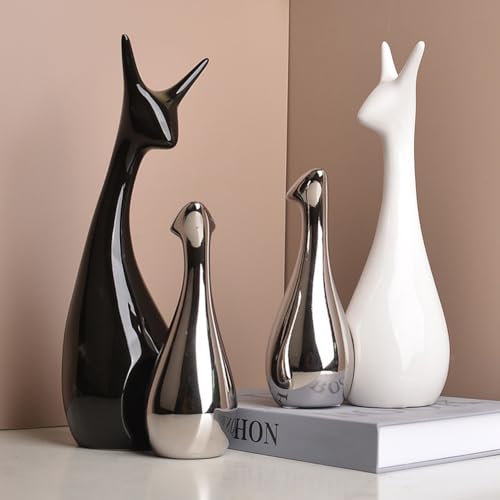 Ceramic Statue,Deer Family Figurines Porcelain(Set of 4),Creative Ceramic Decorative,Crafts Ornaments Home Decor,Memorial Gift for Parents,Suitable for Shelf,Bookself（Black White Silver Deer） - color: Black White Silver Deer