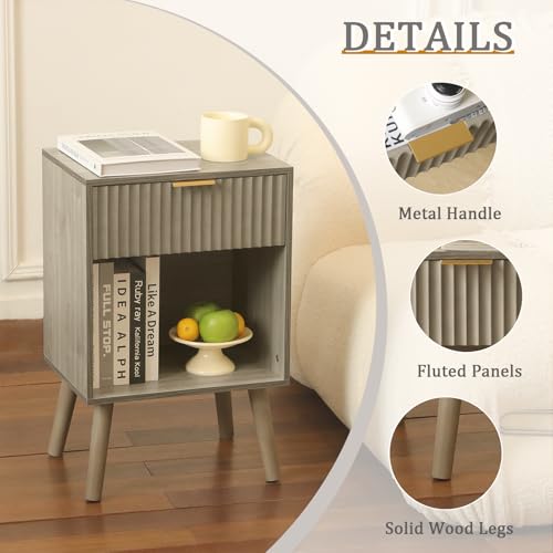 Fultyle Grey Wood Nightstand with Charging Station, Modern Bedside Table with Fluted Drawers and Storage Shelf, End Side Tables Living Room for Bedroom, Office (Grey) - color: Grey With Charging Station