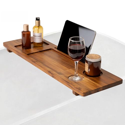 Teak Bathtub Tray - Wood Bath Caddy Tray 29" for Small Tubs - Adjustable Bathtub Table Trays - Luxury Shower Organizer for Home Spa Relaxation and Reading - Light Walnut Color - color: Light Walnut-a, size: 29" x 9" x 2"