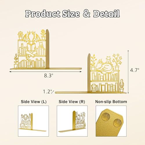 Decorative Gold Lacquered Bookend of Dragon and Cat Reading Lie on Bookshelf, 9.1x 4.7 inches Fantasy Dragon Decoration Bookends, Unique Dragon Decoration, Cute and Fantasy Bookend