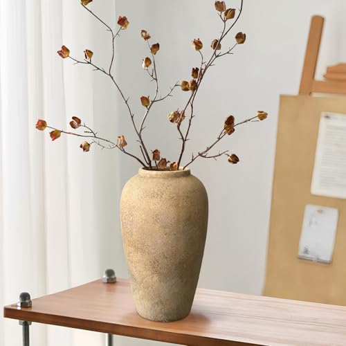 12 Inch Farmhouse Decor Ceramic Rustic Vase,Beige Handmade Flower Vases for Centerpieces,Pottery Vase for Living Room,Kitchen & Bedroom Decor,Vintage Ceramic Vases for Wedding - color: Beige, size: Small