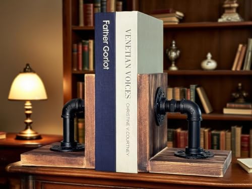 Wooden Bookends for Heavy Books Realistic Industrial Pipe Design Farmhouse Bookends for Home Office(Pipe Light Brown) - color: Light Brown Pipe