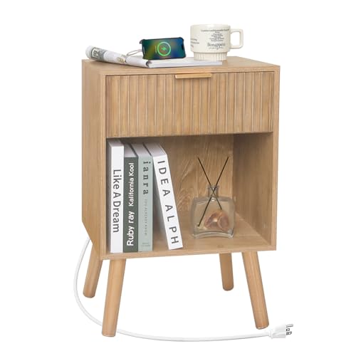 Fultyle Wood Nightstand with Charging Station, Bedside Table with Fluted Drawers and Outlet, Boho Night Stand for Bedroom, Living Room, Office (Rustic Walnut) - color: Rustic Walnut With Charging Station