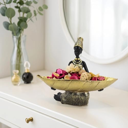 African Sitting Woman Leaf Bowl Statue – Tribal Resin Figurine for Candy Dish, Key Holder, Vanity Tray, African Decor Gift - color: 314gold