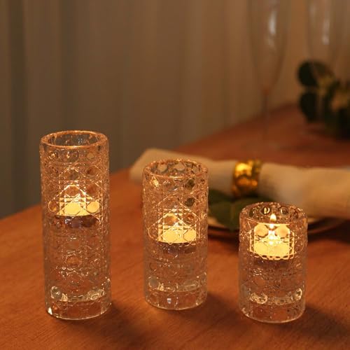 Efavormart Set of 3 Clear Glass Taper Candle Holders with Gemstone Pattern, Dual Sided Crystal Cylinder Tealight Candle Stick Stand - 3",4",5.5" - color: Type8