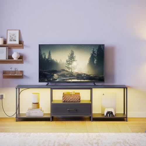 JARHETUN TV Stand with LED Lights, Entertainment Center with Open Shelves and Fabric Drawer, Media Console for 80 Inch TV, Television Stands for Living Room, Bedroom, Black - color: Black With Led Light, size: 70.9 Inches