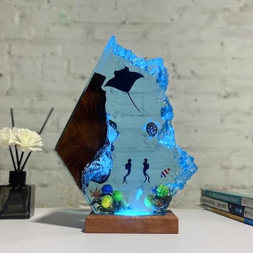 Handmade 3D Ocean Resin Lamp - USB Powered Resin Ocean Night Light with Wooden Base, Variable Lights, Scuba Diver Gifts, Diving Enthusiast Collectibles, Unique Birthday Holiday Gifts for Men & Women - color: Scuba Diver-1, size: M