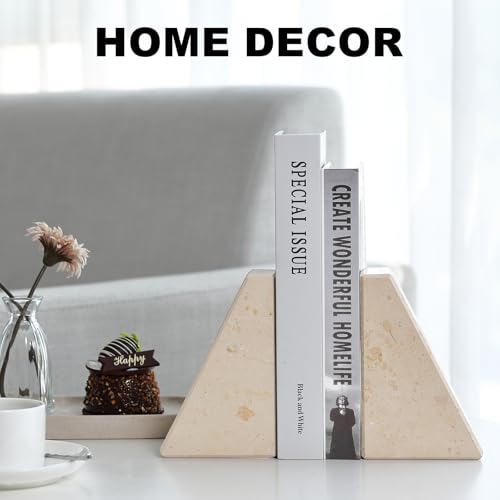 Karibiber Marble Bookends for Heavy Books, Decorative Book Ends for Shelves, Beige Stone Durable and Heavy-Duty Book Ends for Hardback Books & CDS, Unique Book Stopper & Holder, Set of 2 - color: Jura Beige