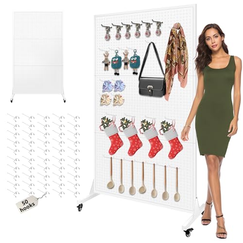 Royxen 3.5 x 6 Feet Metal Pegboard with 50 Hooks, Peg Board Display Stand with Wheels, Large Standing Pegboard Displaywith T-Base Art Display Stand for Retail Stores Exhibitions Homes (White) - color: White
